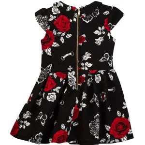 Petit Lem - Robe Gaufrée Noir Fleuri Rouge 3a